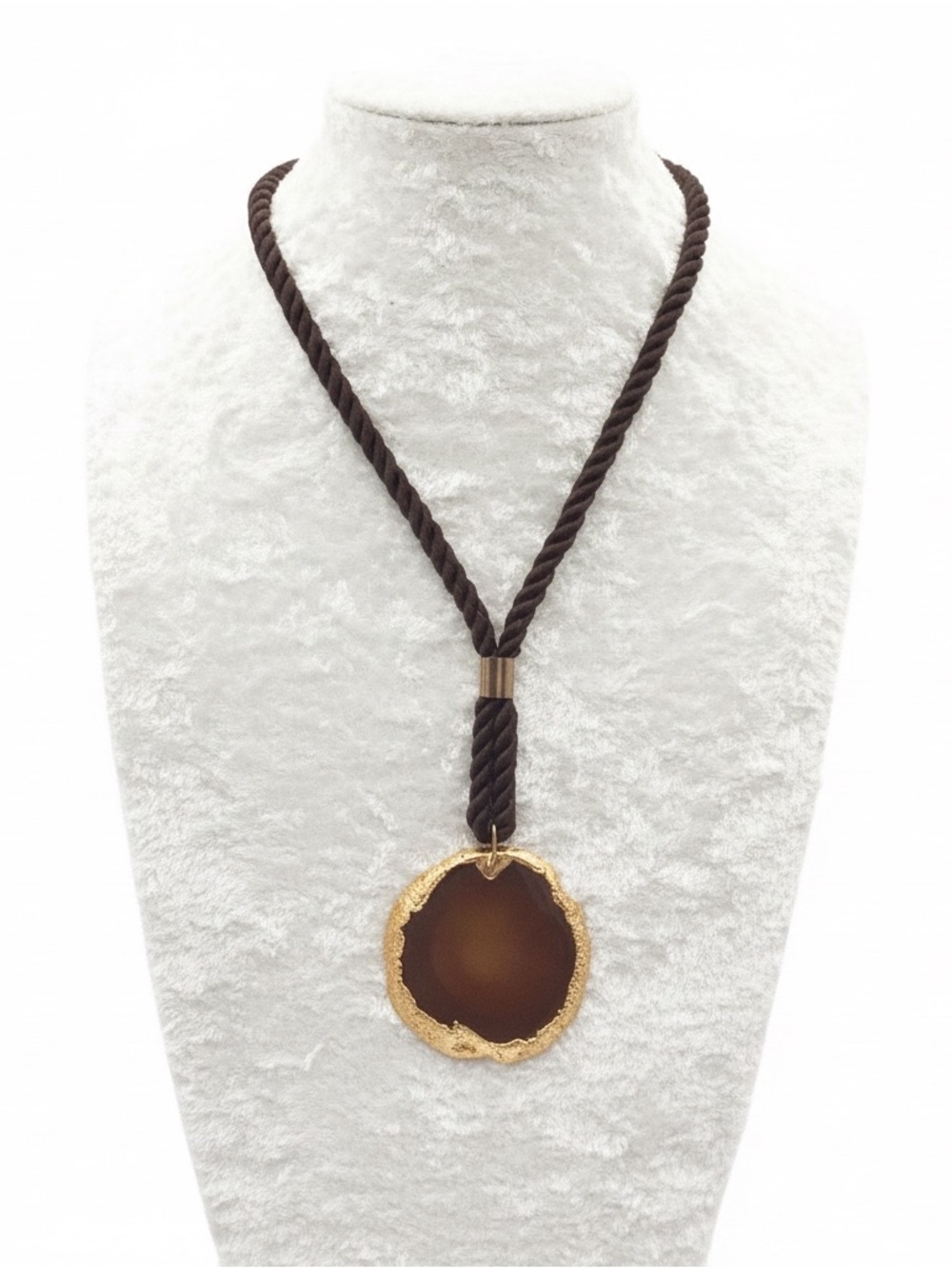 Vintage Brown Agate Slice Necklace, Gold Tone Raw Stone Pendant, Boho Statement